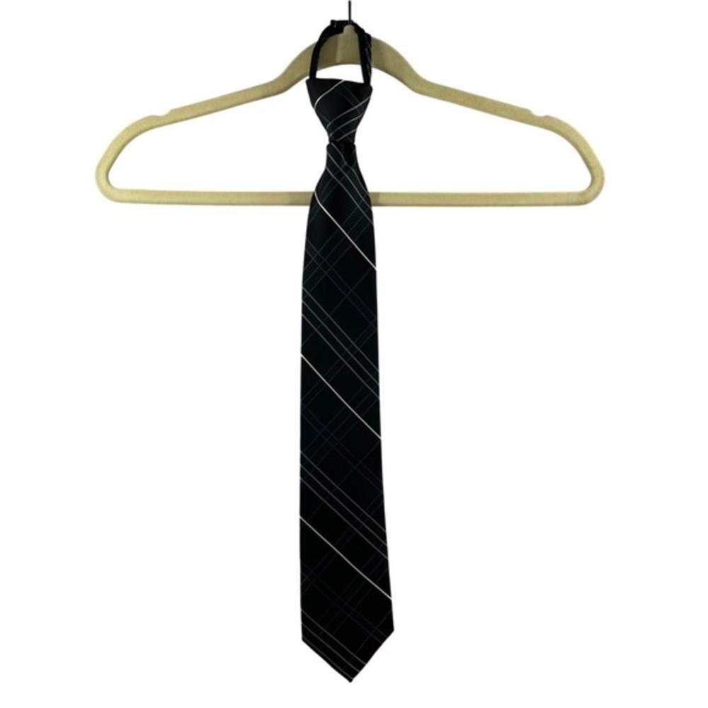 George Zipper Tie‎ Mens OS Black Excellent Plaid Geometric Pattern Adjustable
